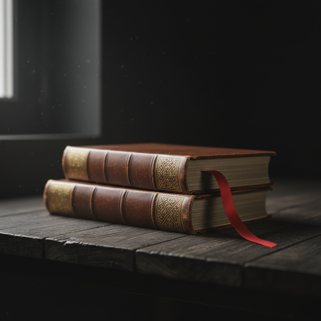 Cinematic two leather-bound Norwegian heritage books with gold-leaf Nordic geometric ornament on dark birchwood, one with a vivid red silk ribbon bookmark — representing Bokmal vs Nynorsk SEO choice