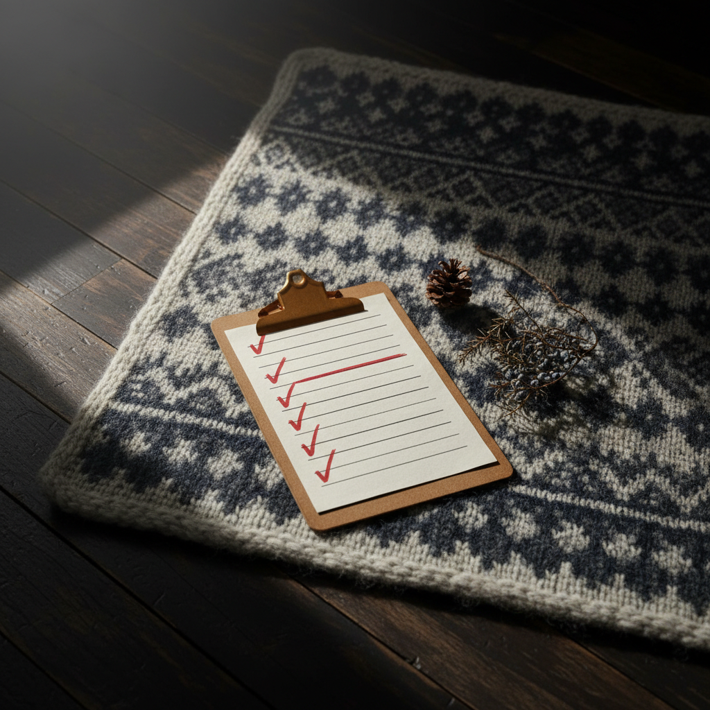 Cinematic overhead of a Norwegian wool blanket spread on dark birchwood with a leather clipboard checklist marked with vivid red ink checkmarks, a pine cone and juniper berries beside — representing the 12-step Norway e-commerce SEO checklist
