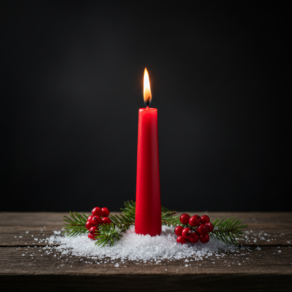 Cinematic single tall red Norwegian candle burning on dark wooden planks surrounded by a dusting of fresh snow, pine sprigs and red wild berries — representing SEO tips for Norway