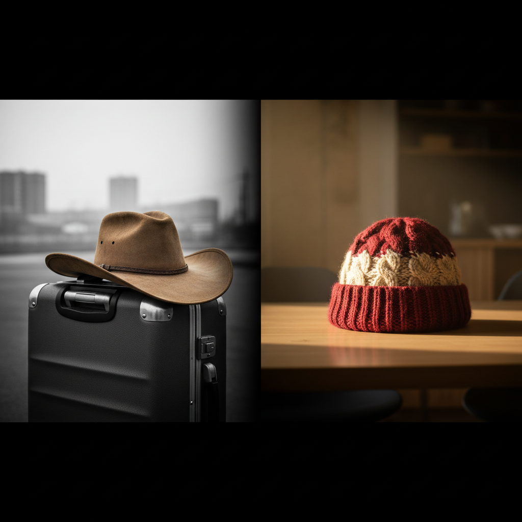 Cinematic split-frame: worn brown American Stetson cowboy hat on a corporate suitcase in dim grey on the left, chunky knit Norwegian wool beanie in cream and dark red on warm birchwood on the right — representing US companies' Norwegian SEO mistakes