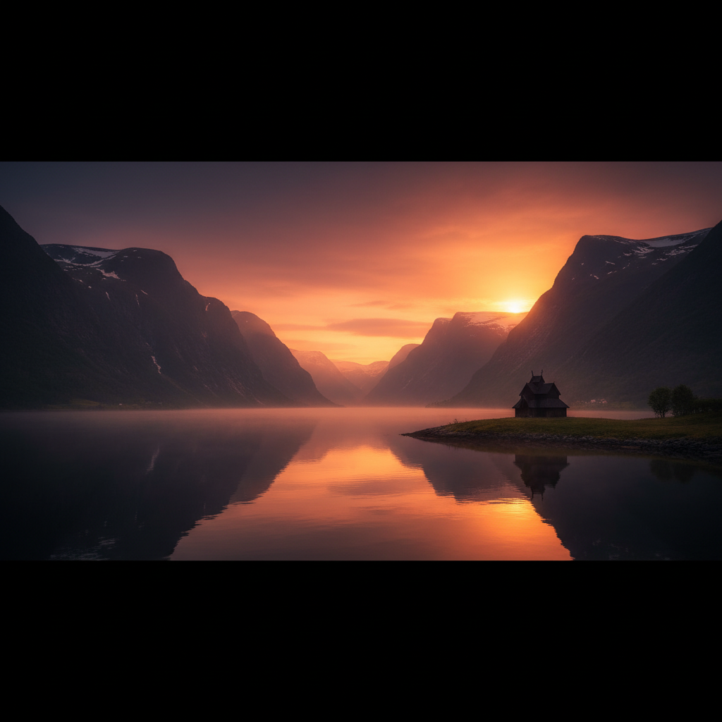 Cinematic hero of a sweeping Norwegian fjord landscape at midnight-sun twilight, snow-dusted mountains reflected in mirror-still water, a tiny silhouetted wooden stave church on a small peninsula, low golden-red sun and curling fog — representing the definitive guide to SEO in Norway