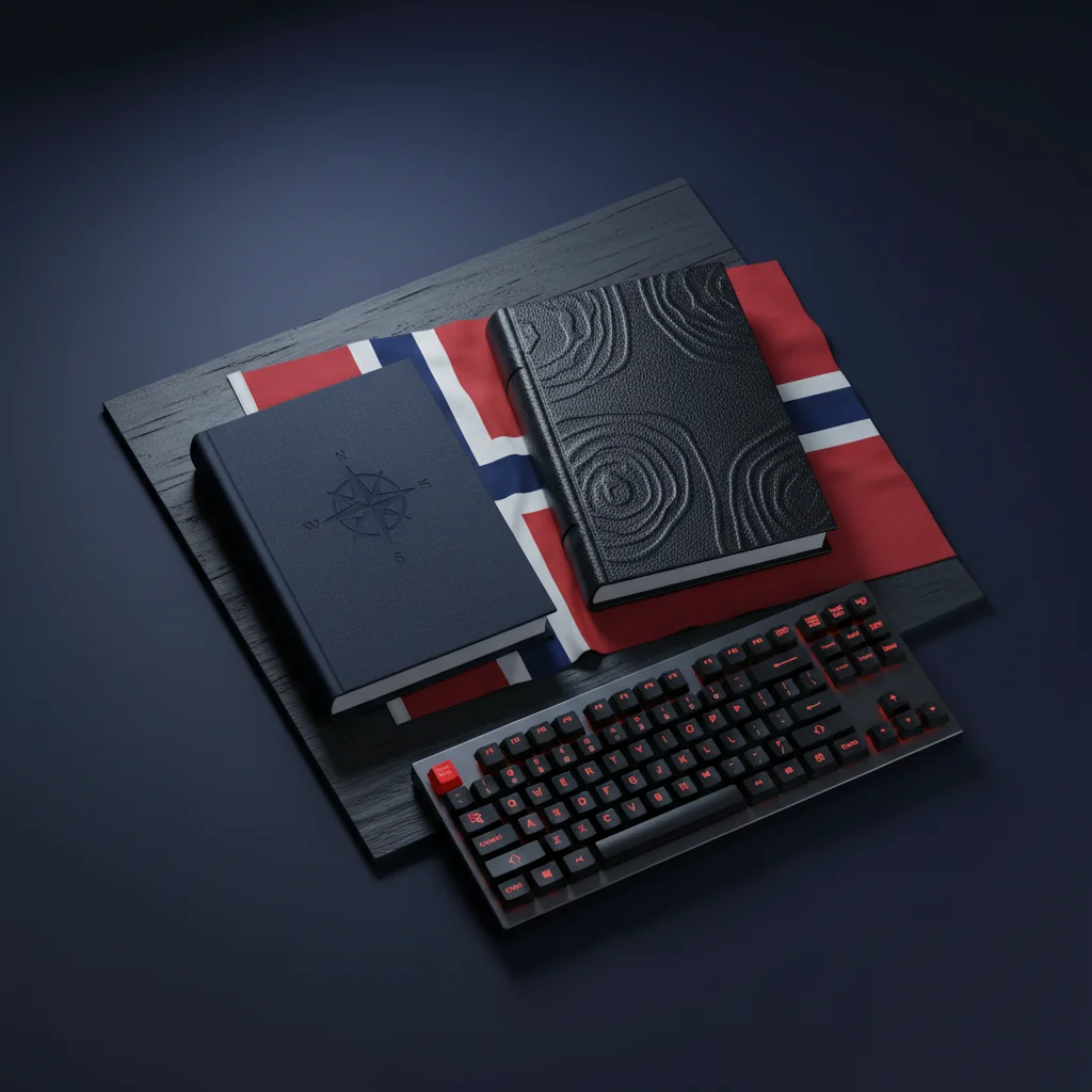 NorseRank illustration: Bokmal and Nynorsk dialect dictionaries with Norwegian flag and keyboard in deep navy and red Nordic editorial style