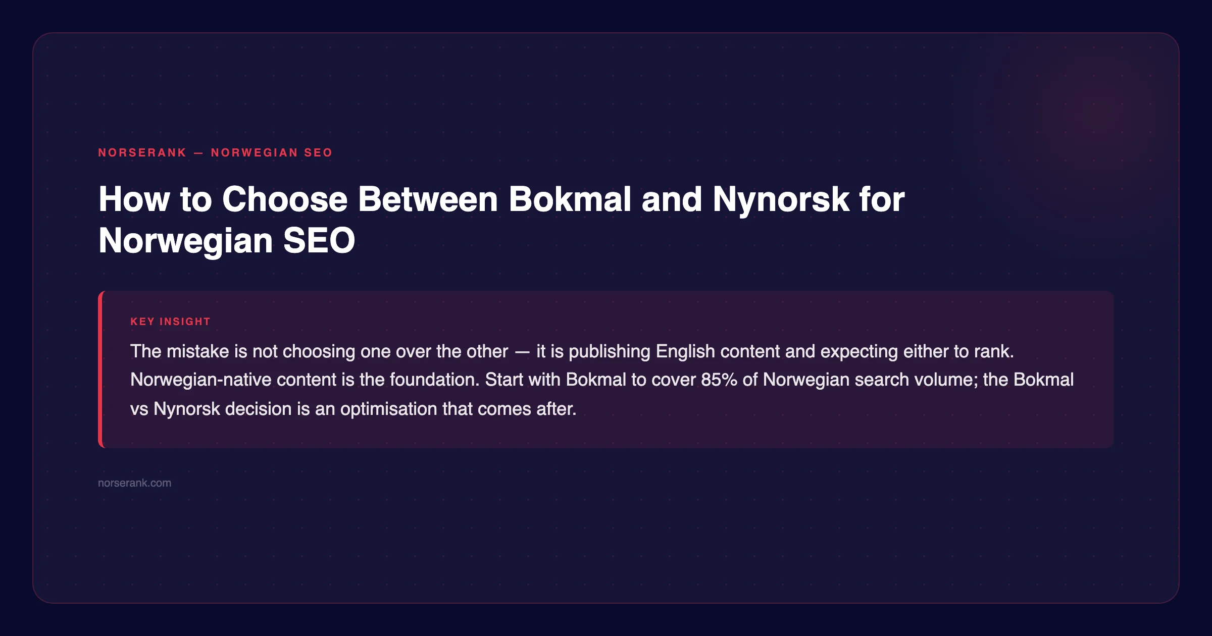 NorseRank tip graphic: How to Choose Between Bokmal and Nynorsk for Norwegian SEO — source: NorseRank — norserank.com