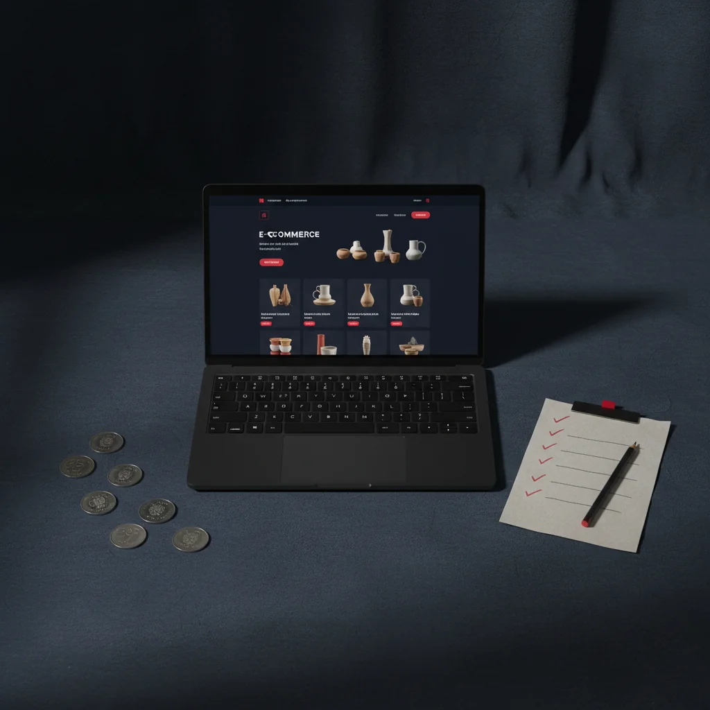 NorseRank illustration: Norwegian ecommerce site on dark laptop with checklist and coins — 12-step SEO launch checklist — norserank.com