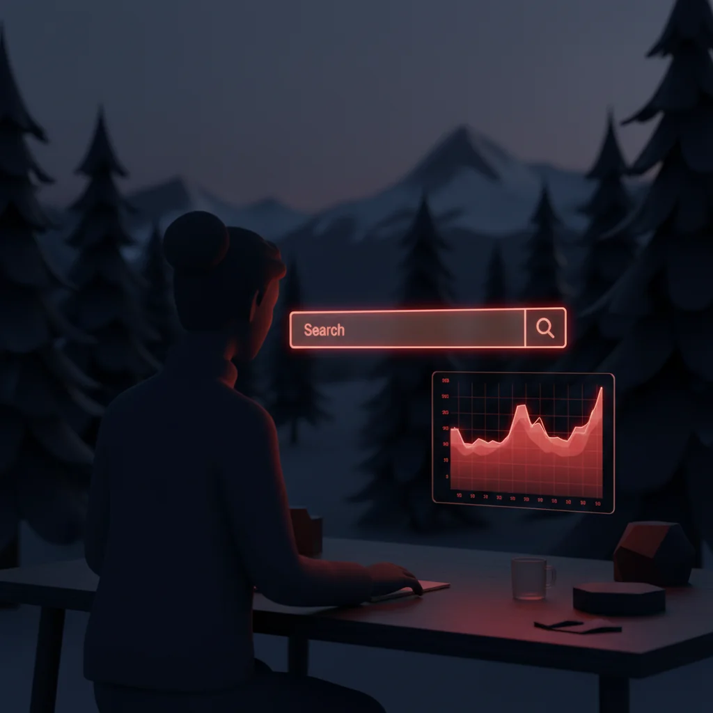 NorseRank illustration: Norwegian searcher with glowing search interface and analytics heatmap — understanding Norwegian consumer search behavior — norserank.com